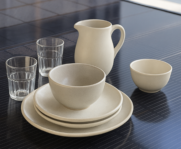 Geschirr das auf der Oberfläche des Solartisches steht